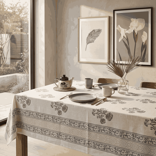 Premium Thick Textured Cotton Table Cover - White Paisley