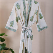 Handblock Printed Cotton Waffle Bathrobe - White Ethnic Print