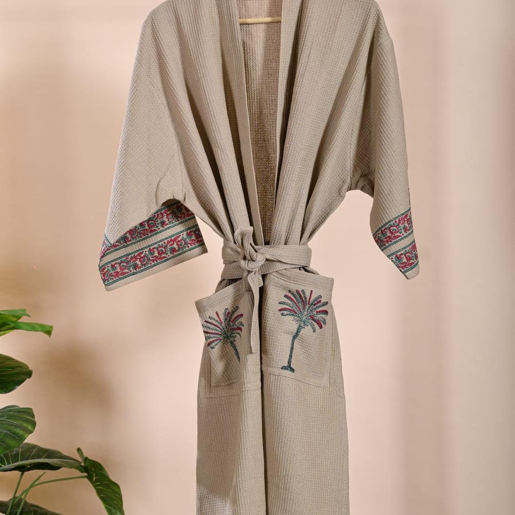 Handblock Printed Cotton Waffle Bathrobe - Palm Tree Print