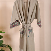 Handblock Printed Cotton Waffle Bathrobe - Palm Tree Print