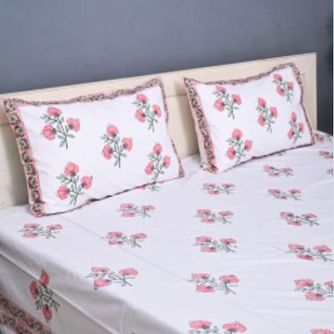 Premium Hand Block Printed Cotton Bedsheet Set - Aqua Red
