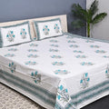 Premium Hand Block Printed Cotton Bedsheet Set - Aqua Floral