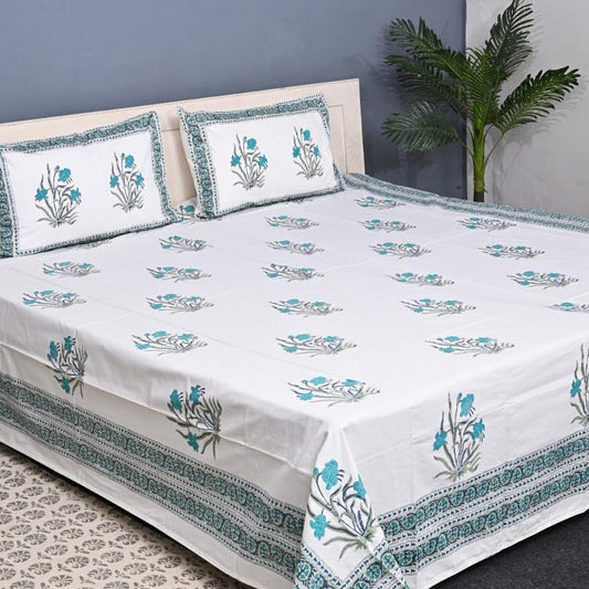 Premium Hand Block Printed Cotton Bedsheet Set - Aqua Floral