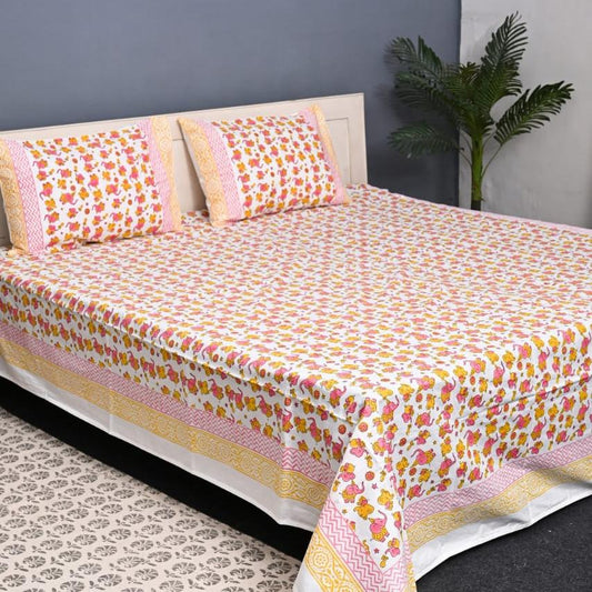 Premium Hand Block Printed Cotton Bedsheet Set - Cream-Red
