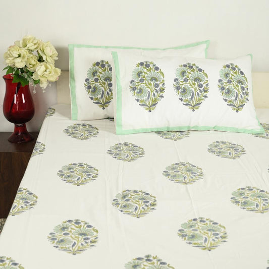 Premium Hand Block Printed Cotton Bedsheet Set - Floral-Green