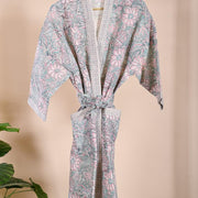 Handblock Printed Cotton Waffle Bathrobe - Pastel Floral