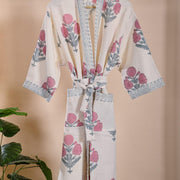 Handblock Printed Cotton Waffle Bathrobe - Pink Blossom