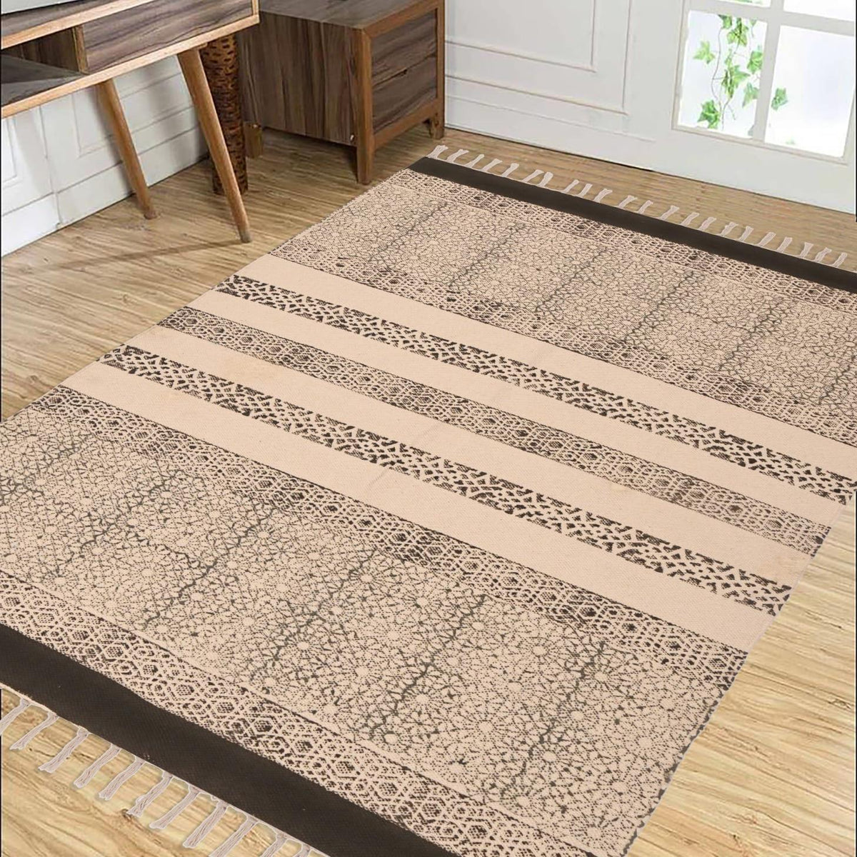 Hand Block Printed Dhurrie - Brown Vine