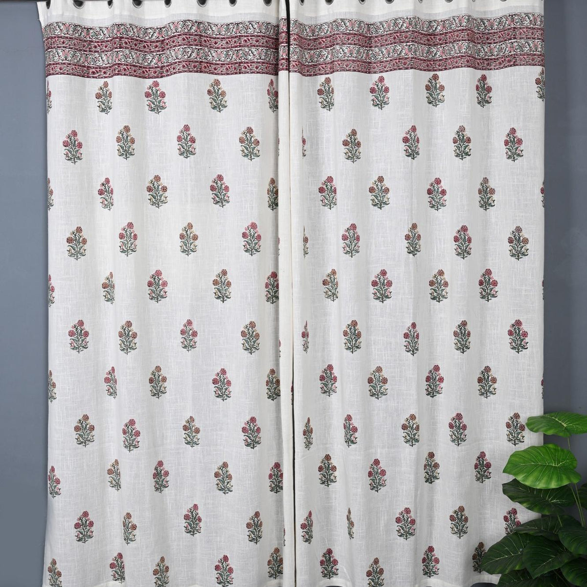Hand Block Printed Slub Textured Curtains - White Paisley