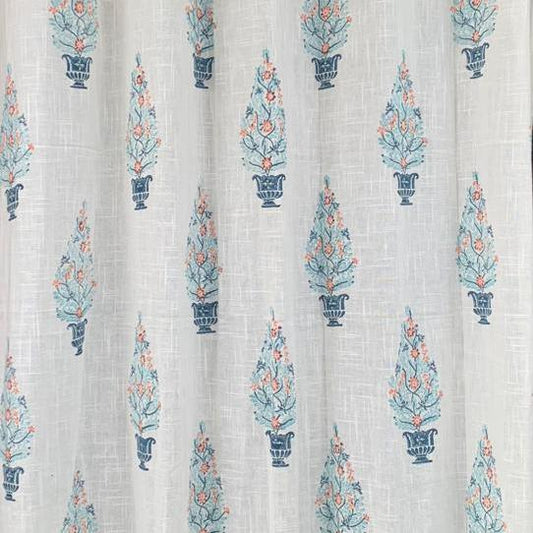 Hand Block Printed Slub Textured Curtains - White Floral