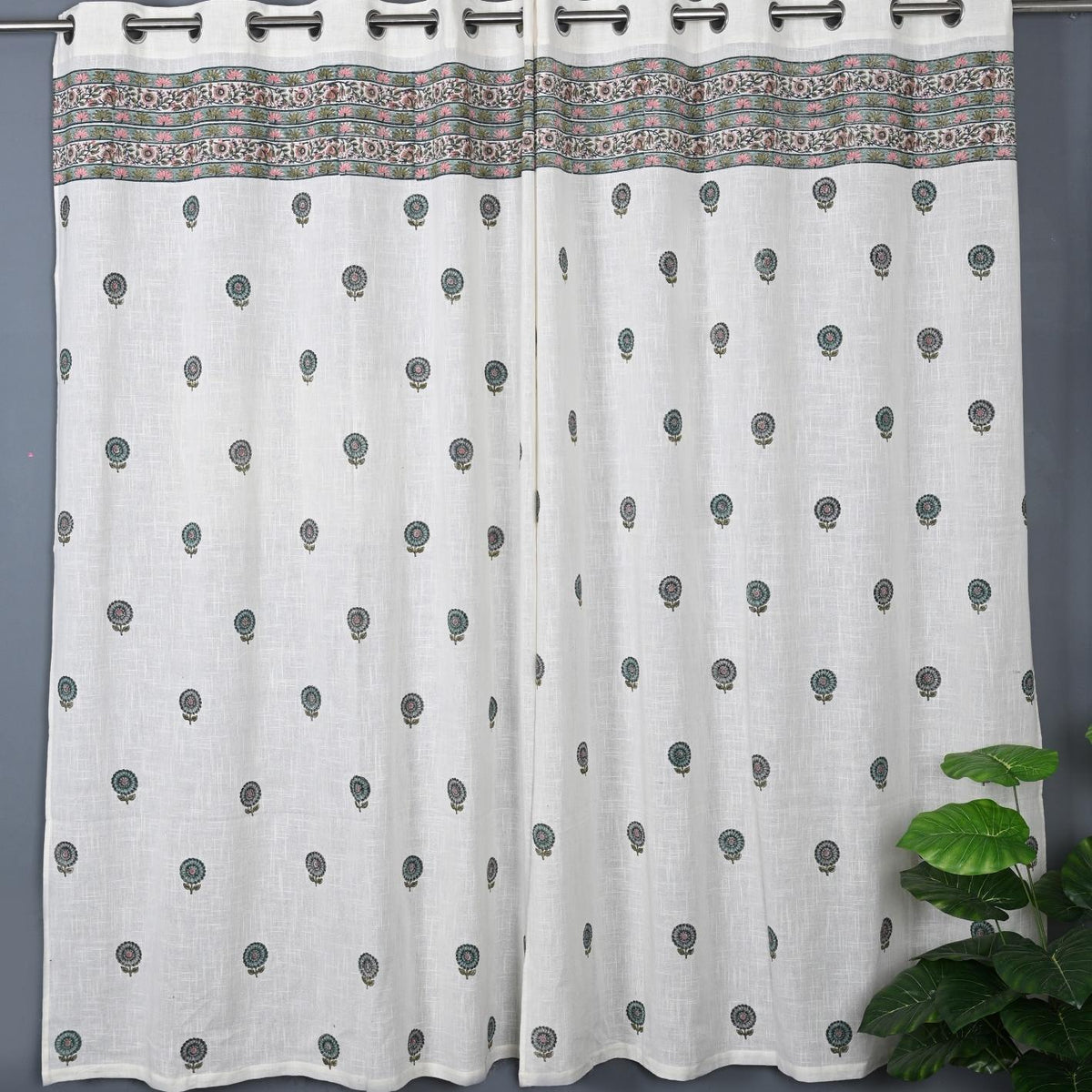 Hand Block Printed Slub Textured Curtains - White Garden