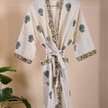 Handblock Printed Cotton Waffle Bathrobe - Blue Floral