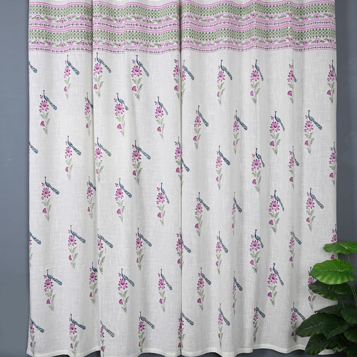 Hand Block Printed Slub Textured Curtains - White Traditional Floral
