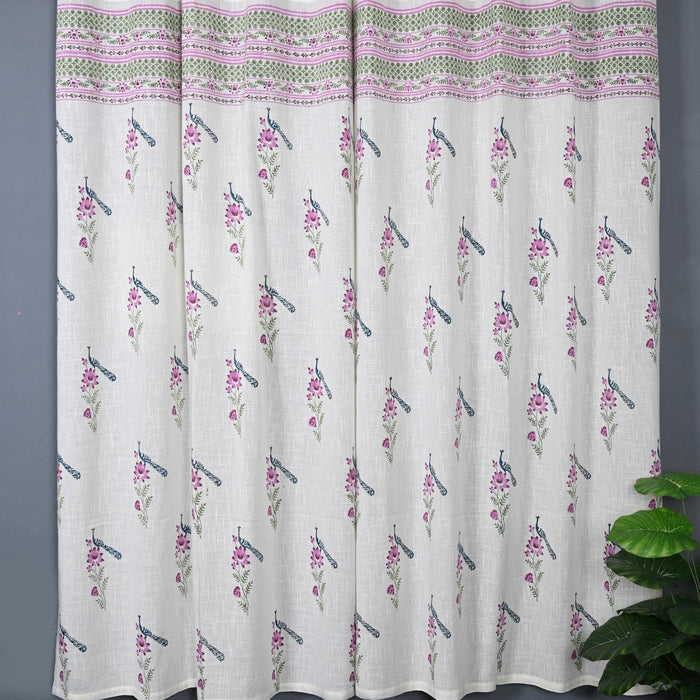 Hand Block Printed Slub Textured Curtains - White Traditional Floral