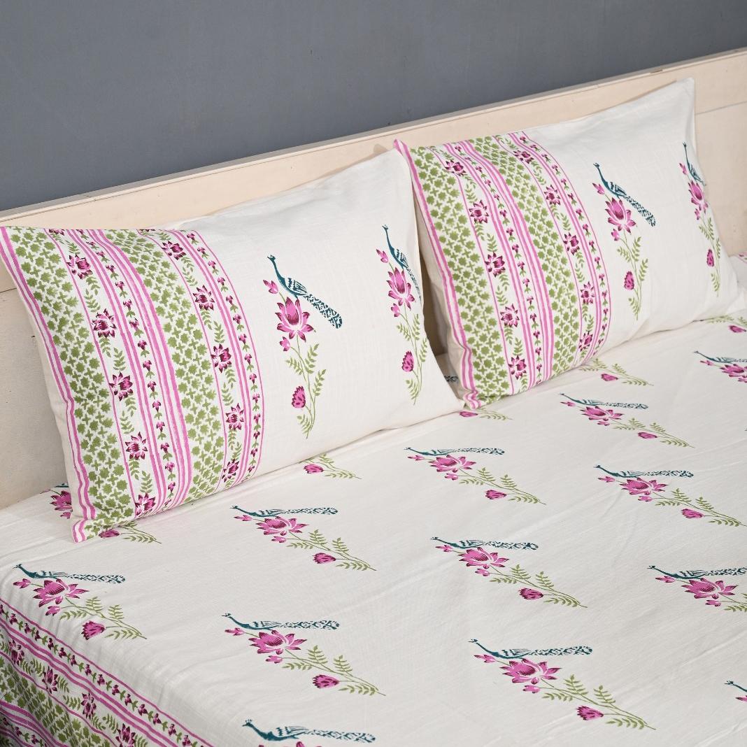 Thick Handloom Cotton Block Printed Bedcover Set - Blue Floral
