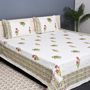 Thick Handloom Cotton Block Printed Bedcover Set - Pink Blossom