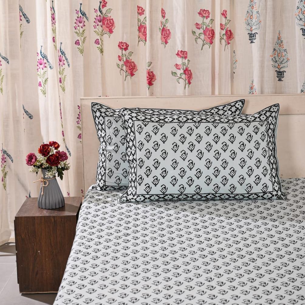 Premium Percale Cotton Fitted Bedsheet Set - Green Floral