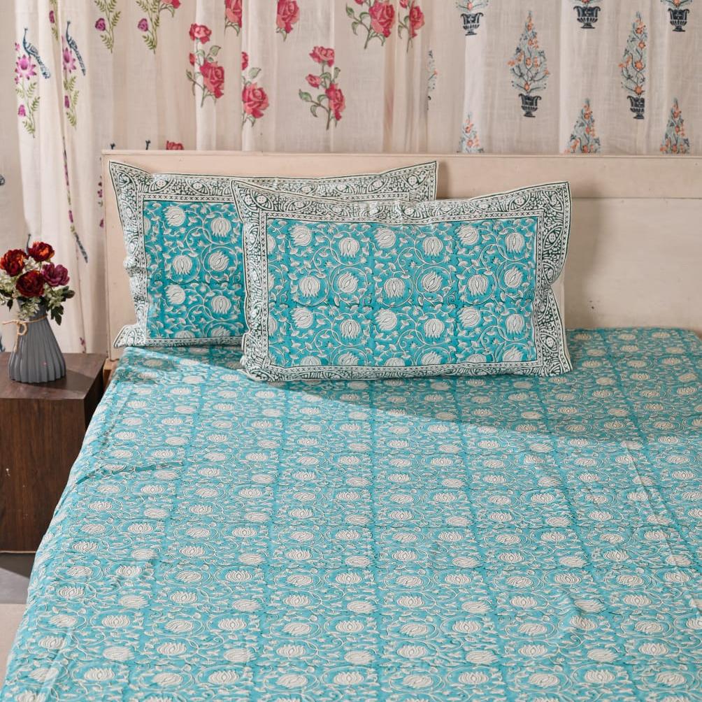 Premium Percale Cotton Fitted Bedsheet Set - Aqua Floral
