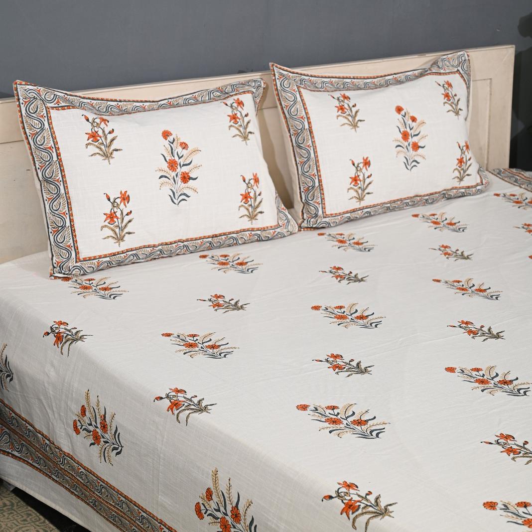 Thick Handloom Cotton Block Printed Bedcover Set - Aqua Floral