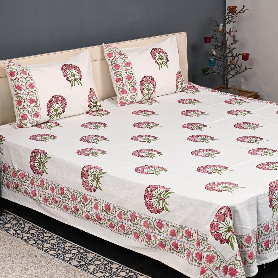 Thick Handloom Cotton Block Printed Bedcover Set - Vintage Bloom