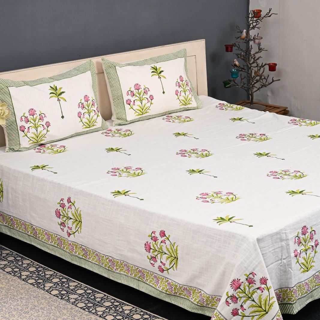 Thick Handloom Cotton Block Printed Bedcover Set - Ivory Garden