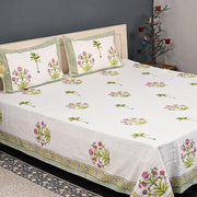 Thick Handloom Cotton Block Printed Bedcover Set - Ivory Garden