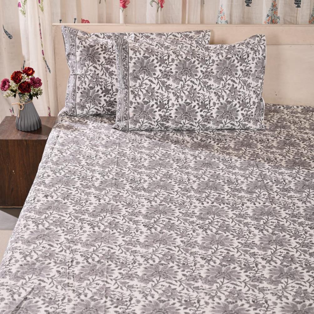 Premium Percale Cotton Fitted Bedsheet Set - Gray Blossom