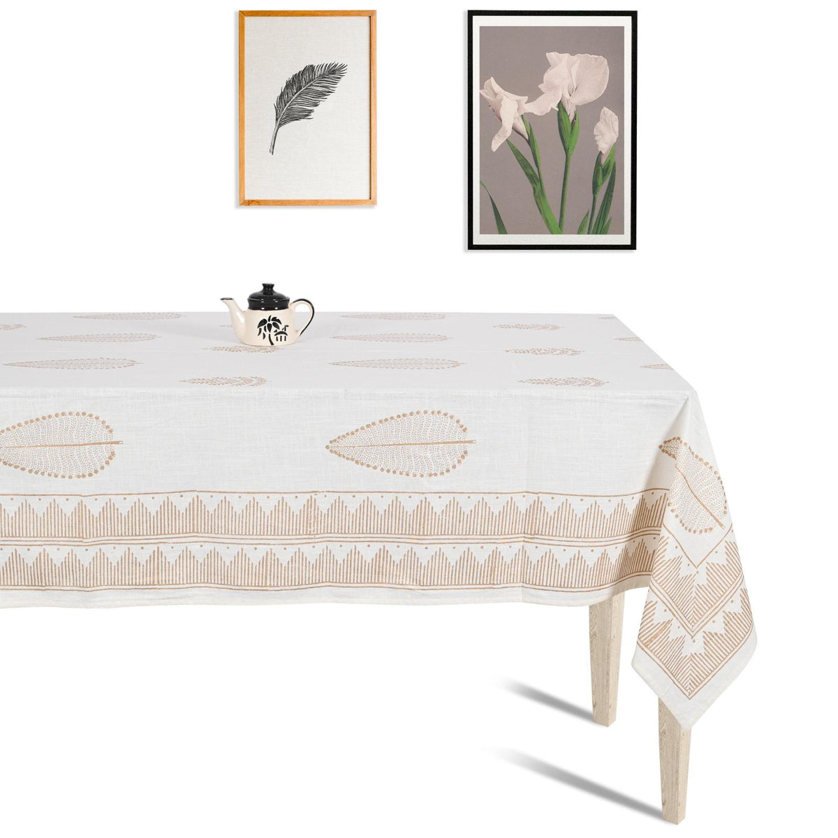 Premium Thick Textured Cotton Table Cover - White Garden