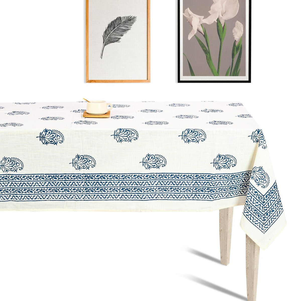 Premium Thick Textured Cotton Table Cover - White Classic Floral
