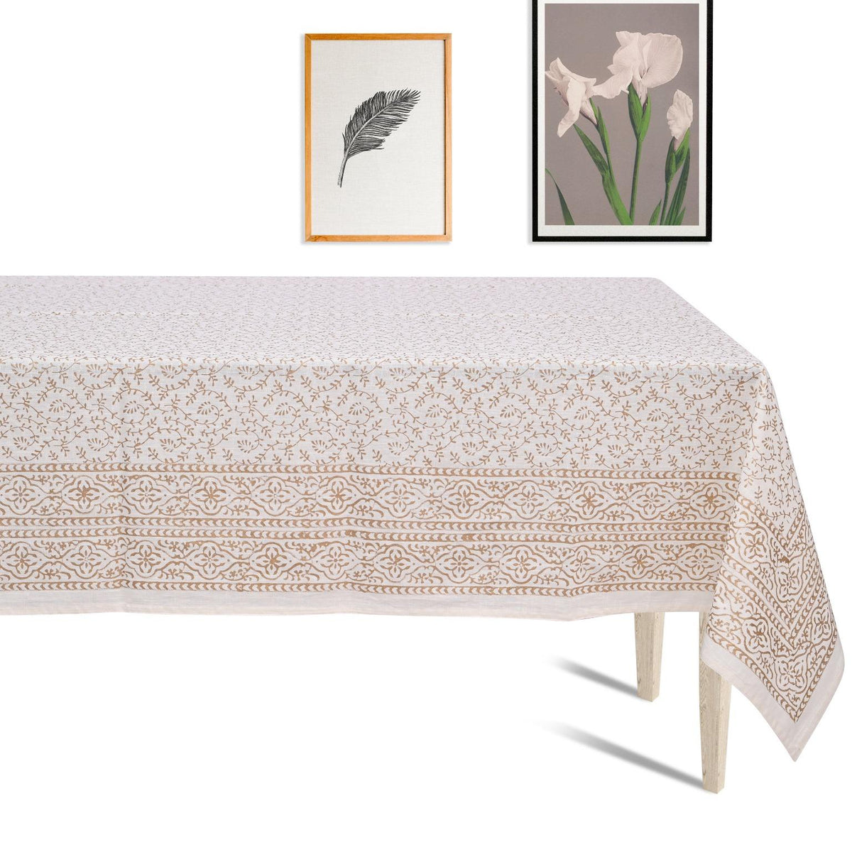 Premium Thick Textured Cotton Table Cover - White Leaf Print