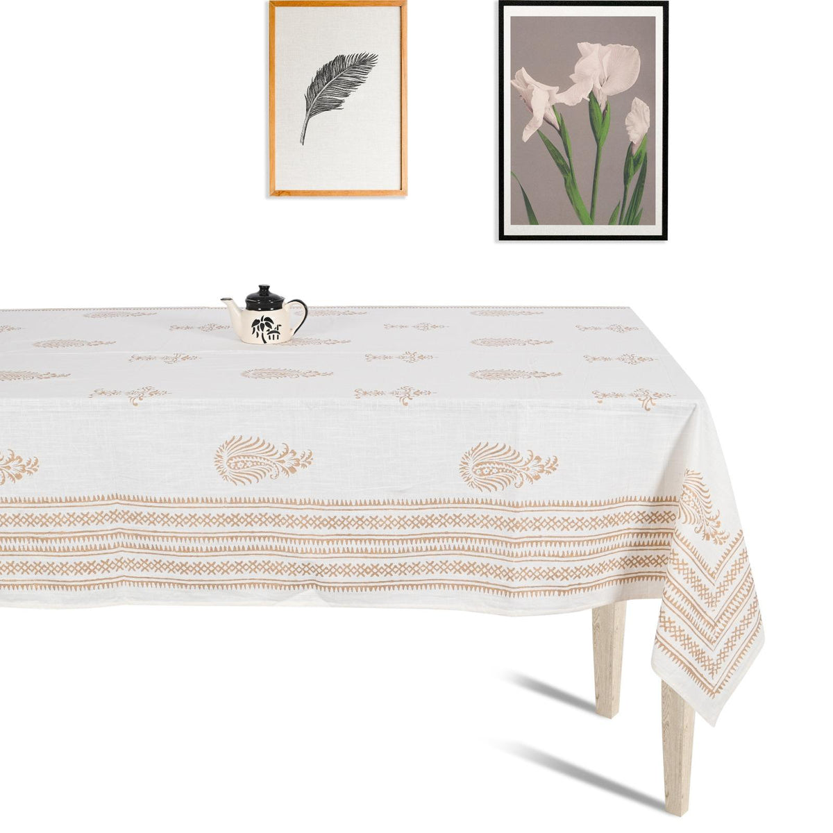 Premium Thick Textured Cotton Table Cover - White Decorative Print