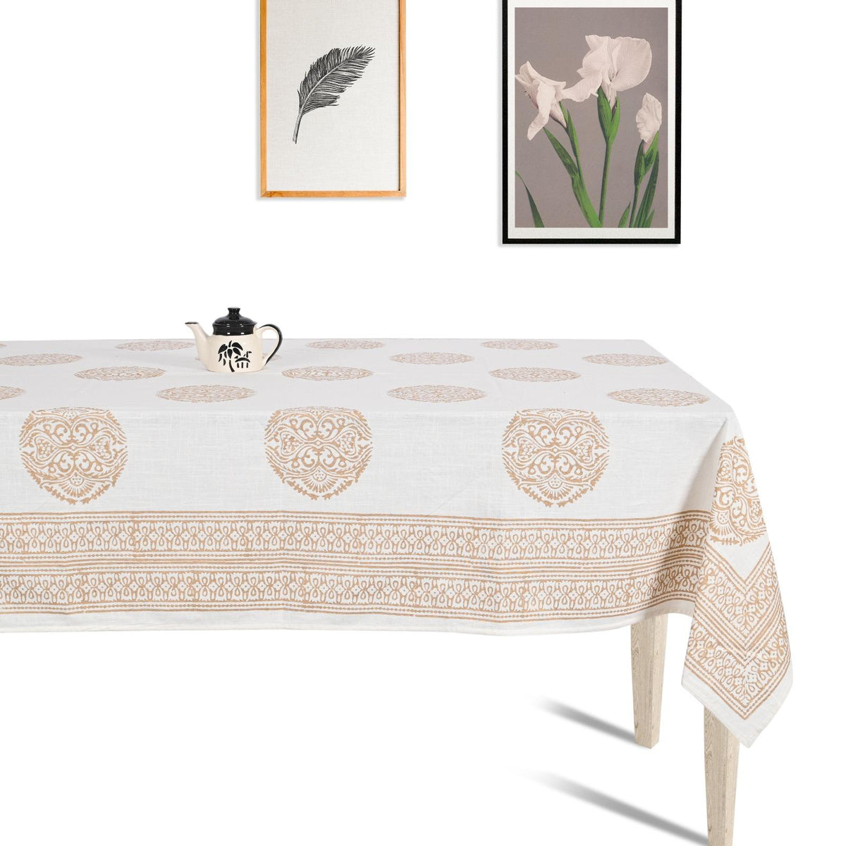 Premium Thick Textured Cotton Table Cover - White Floral Vine