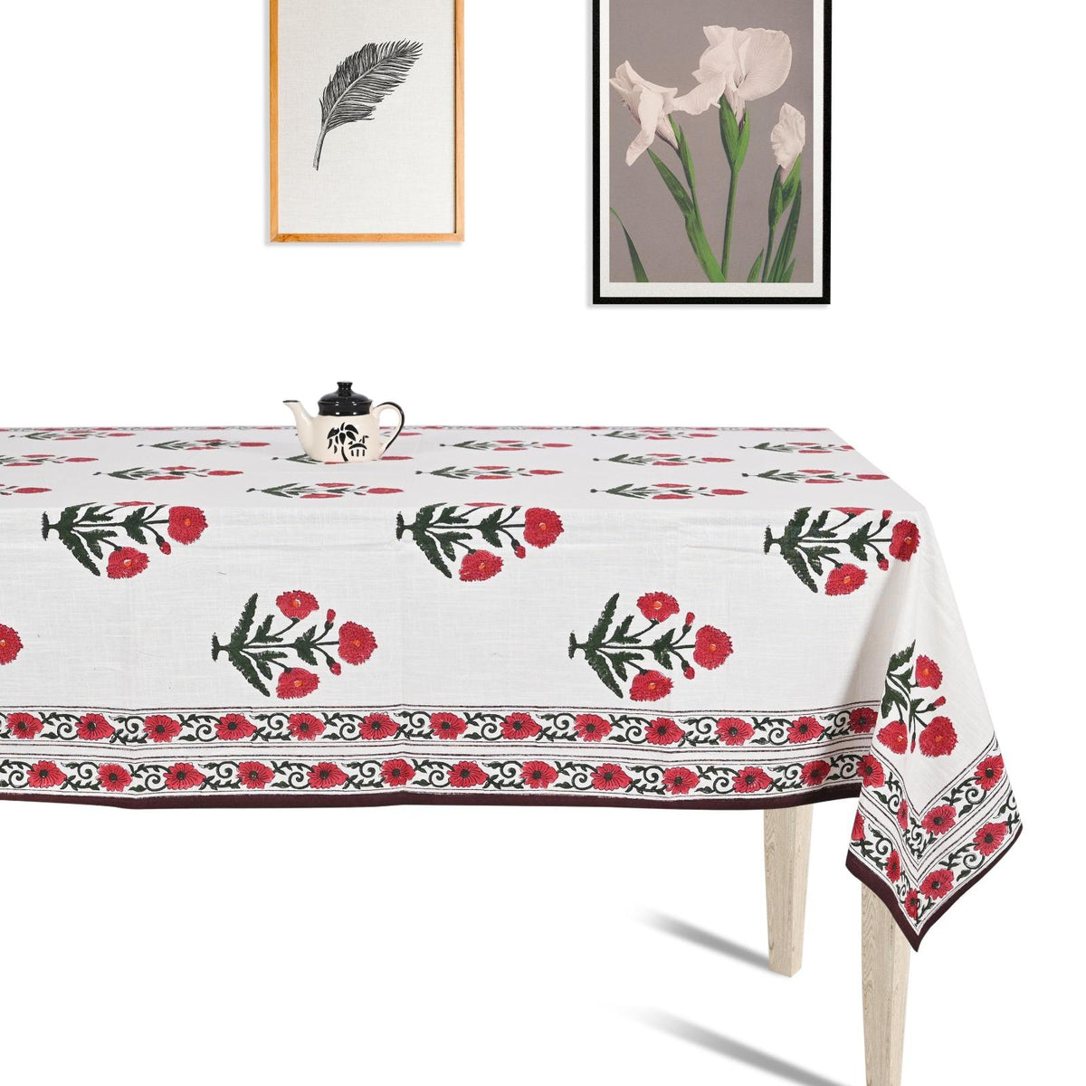 Premium Thick Textured Cotton Table Cover - White Elegant Bloom