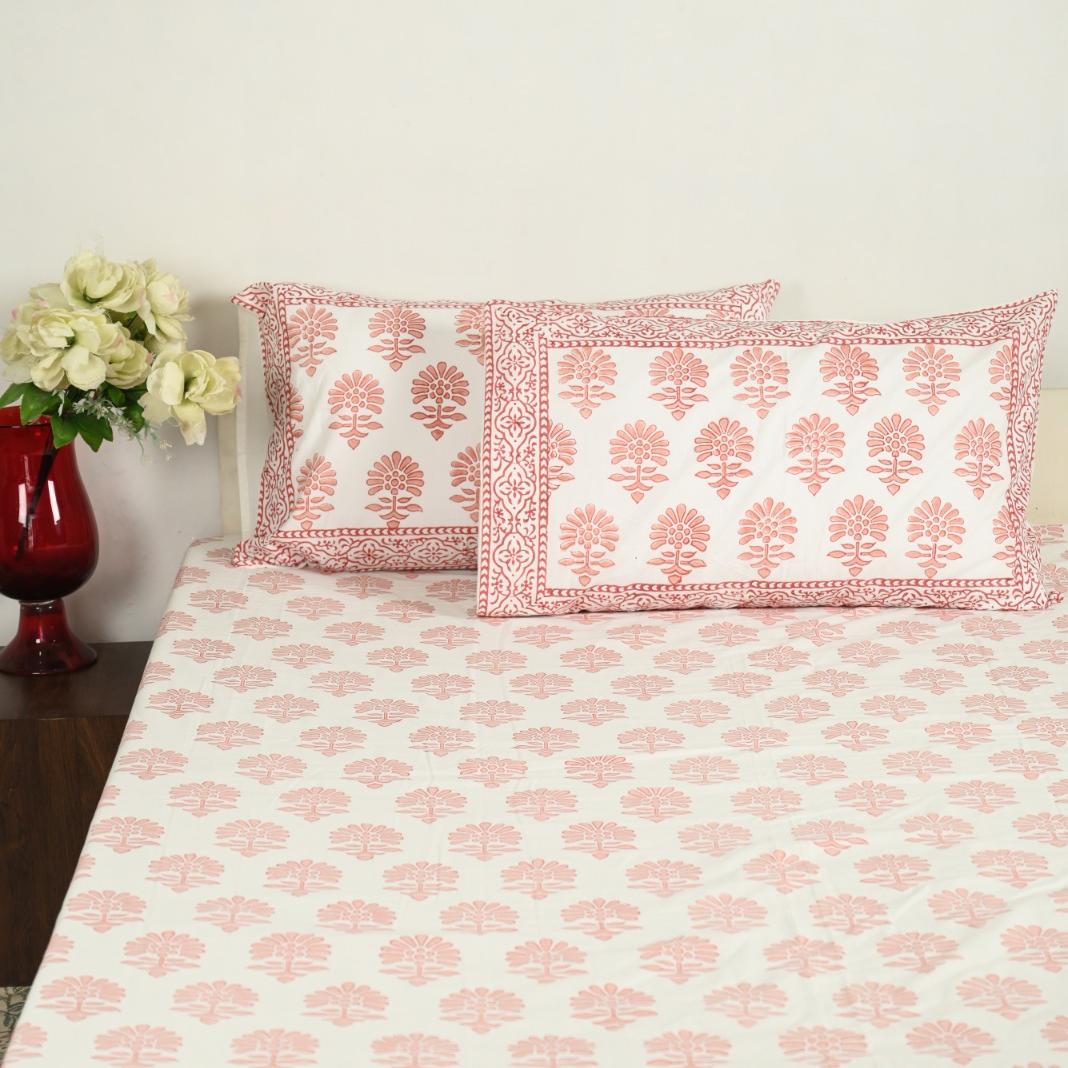 Premium Hand Block Printed Cotton Bedsheet Set - Cream Red