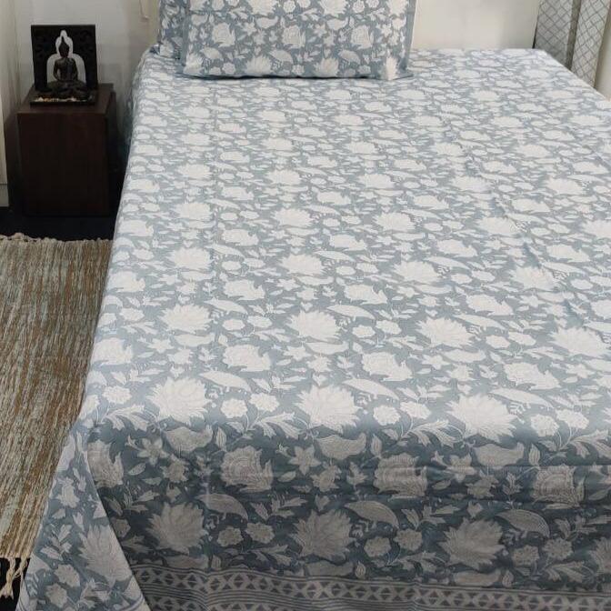 Premium Hand Block Printed Cotton Bedsheet Set - Gray Floral