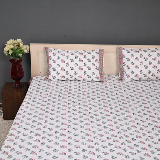 Premium Hand Block Printed Cotton Bedsheet Set -White  Floral