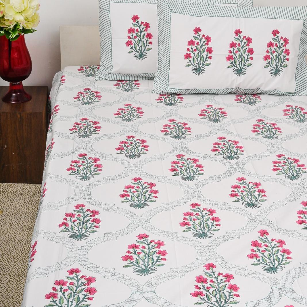 Premium Hand Block Printed Cotton Bedsheet Set - Aqua White