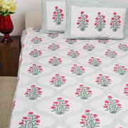 Premium Hand Block Printed Cotton Bedsheet Set - Aqua White