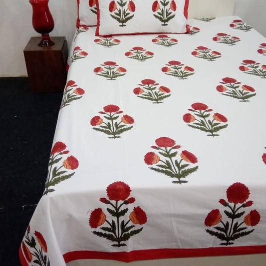 Premium Hand Block Printed Cotton Bedsheet Set - Red White