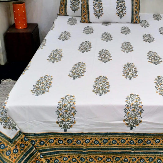 Premium Hand Block Printed Cotton Bedsheet Set - Golden-Cream