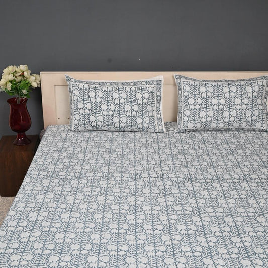 Premium Hand Block Printed Cotton Bedsheet Set - Gray Floral