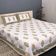 Luxury Premium Cotton Hand Block Printed Bedsheet Set - Aqua Floral