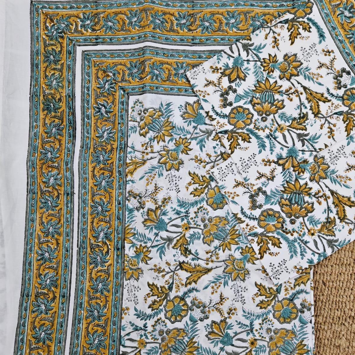 Luxury Premium Cotton Hand Block Printed Bedsheet Set - Blue Lotus