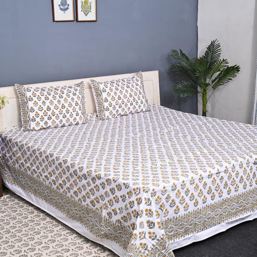 Luxury Premium Cotton Hand Block Printed Bedsheet Set - Green Floral