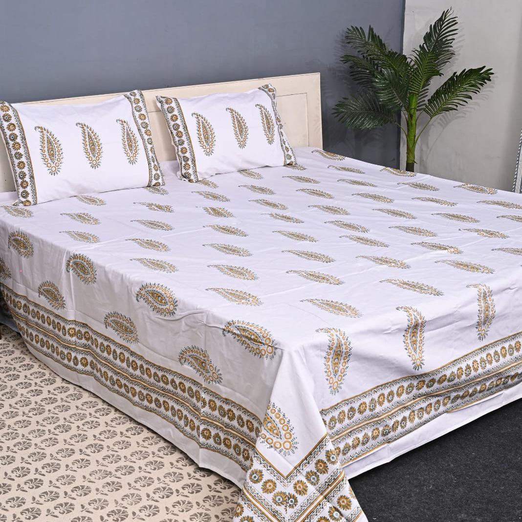 Luxury Premium Cotton Hand Block Printed Bedsheet Set - Paisley Print