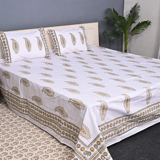 Luxury Premium Cotton Hand Block Printed Bedsheet Set - Paisley Print