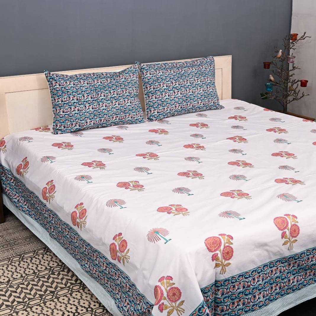 Luxury Premium Cotton Hand Block Printed Bedsheet Set - Vintage Bloom