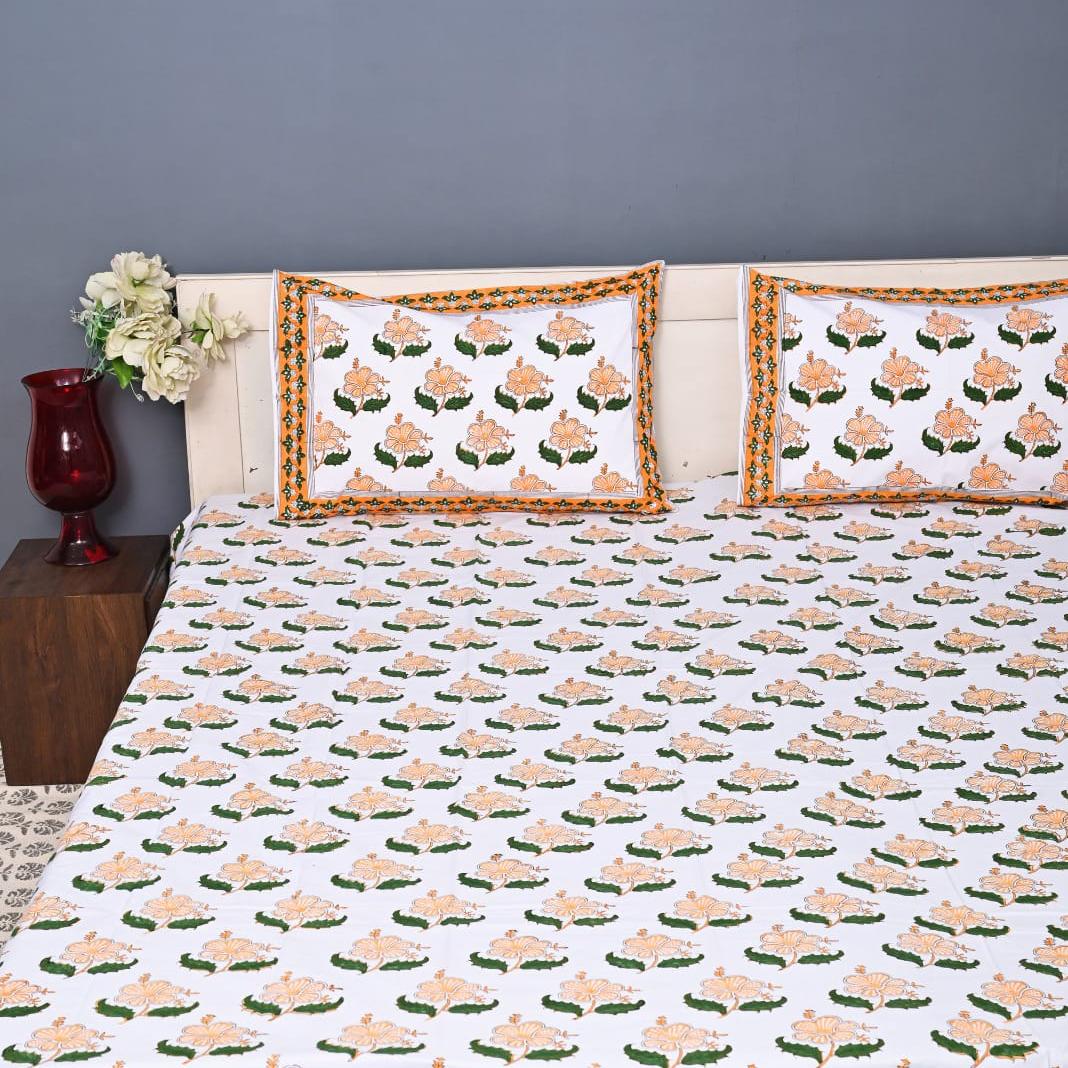 Luxury Premium Cotton Hand Block Printed Bedsheet Set - Golden Bloom