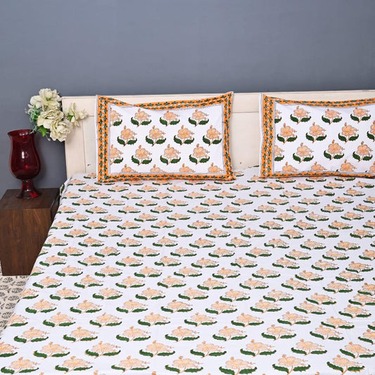 Luxury Premium Cotton Hand Block Printed Bedsheet Set - Golden Bloom