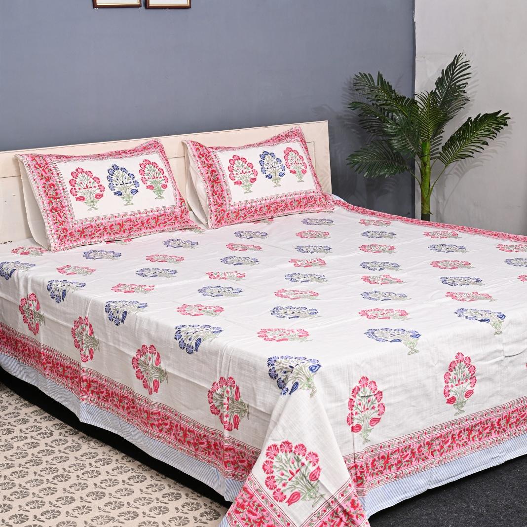 Thick Handloom Cotton Block Printed Bedcover Set - Green Vine